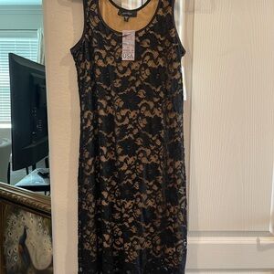 Karen Kane Brown and Tan Sheath Dress Sleeveless Scoop Neck Midi